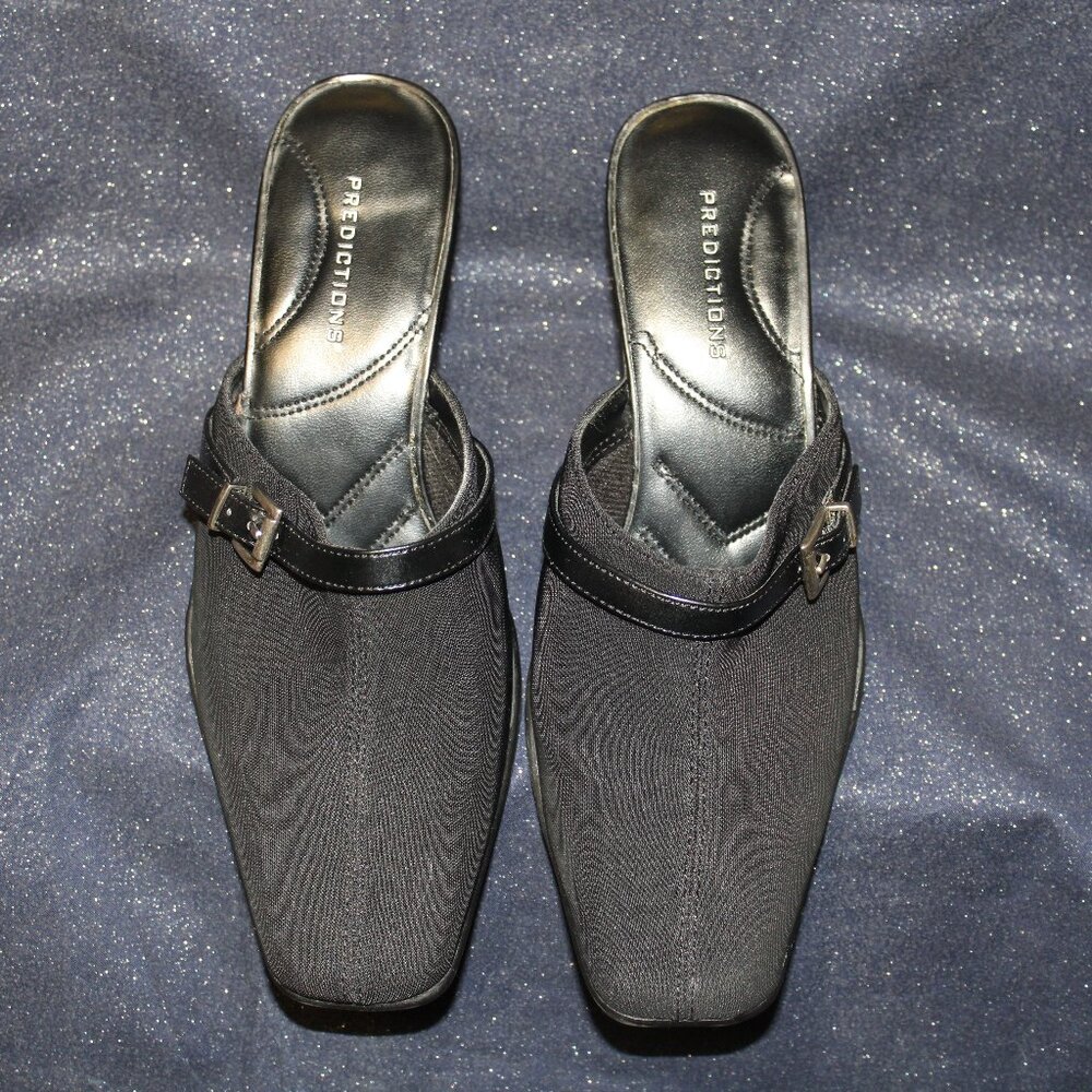 Predictions black fabric mule heels comfort plus with silver buckle detail